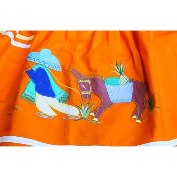 Vintage Apron Appliqued Mexican Farmer & Donkey Orange - Picture 3 of 4